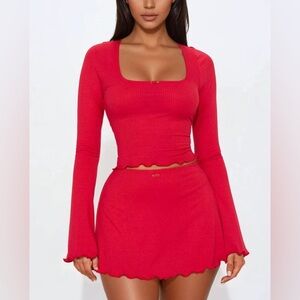 Red Long Sleeve Crop Top and Skirt Set